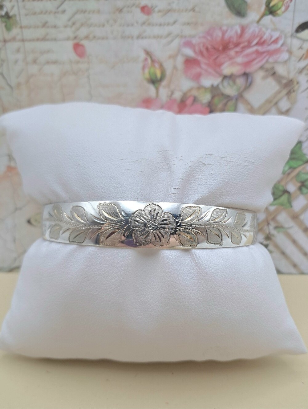 Vintage Italian Solid 925 Sterling Silver Floral Engraved Cuff Bracelet Etched